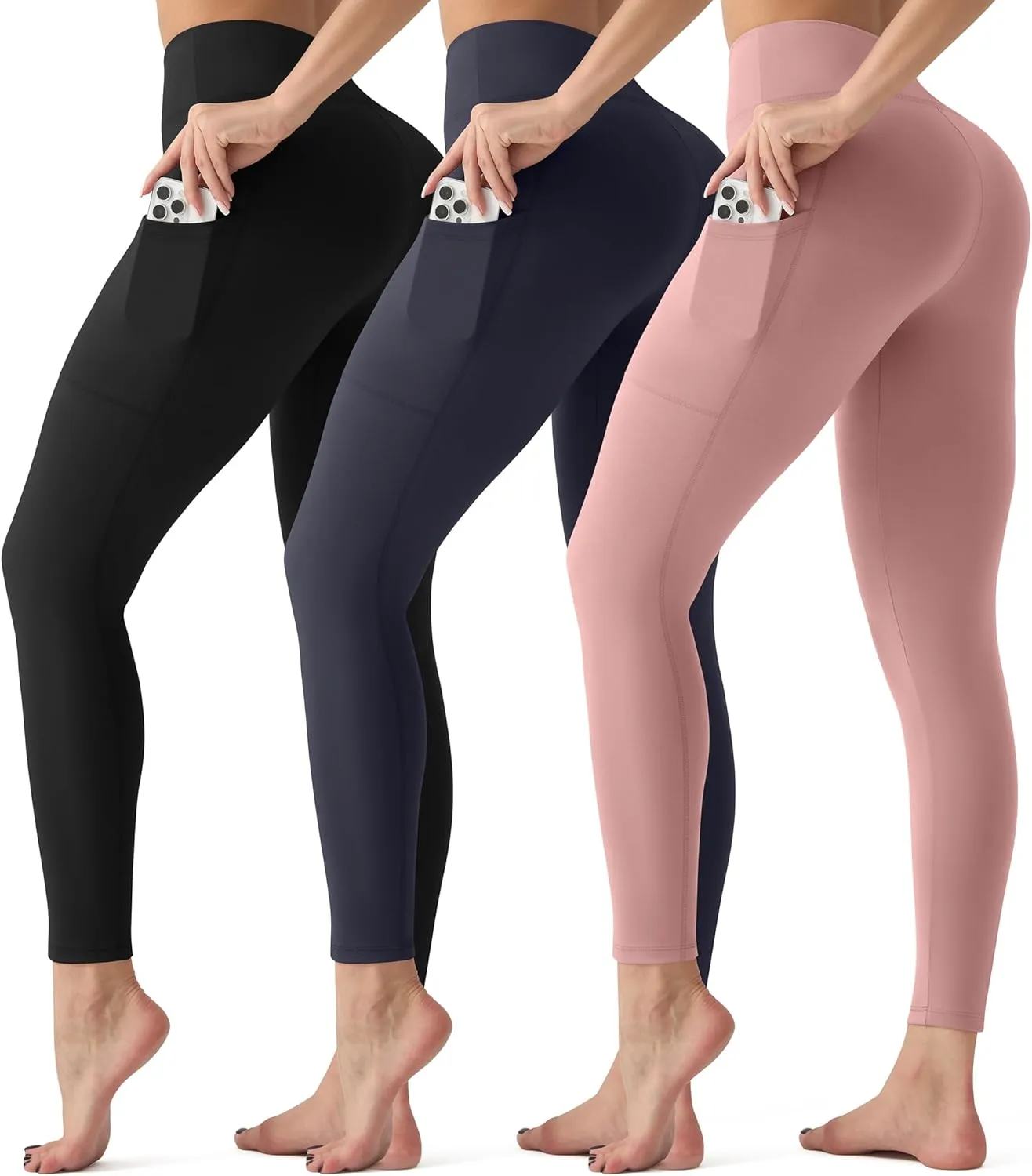 3 Pack Leggings with Pockets for Women,Butt Lift High Waisted Tummy Control Workout Yoga Pants Reg & Plus Size