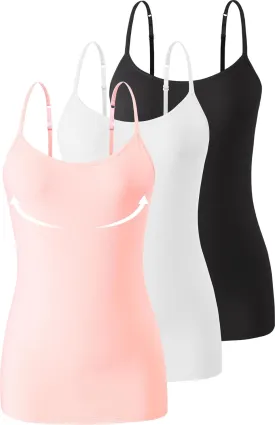 3-Pack Womens Camisole with Shelf Bra Adjustable Spaghetti Strap Cami Cotton Undershirt Tanks