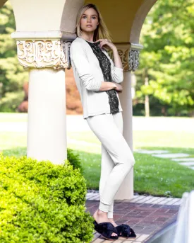 614-PJWH Black Lace Trim White Cotton Pajamas Set