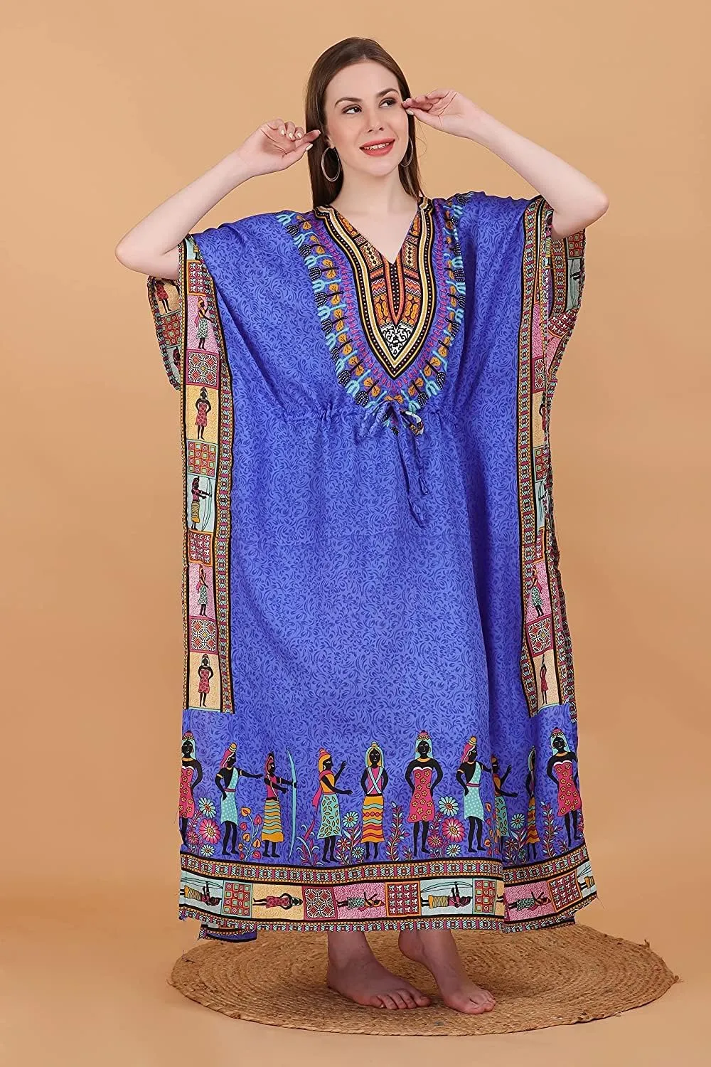 African Print Women Kaftan Dress Tunic Long Maxi Plus Size Polyester Print Caftan Gown Beach Party Casual Kimono Nightdress
