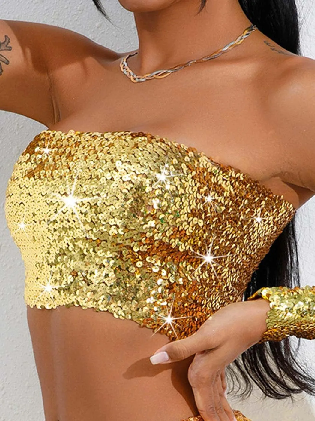 Aukmla Sparkly Sequin Tube Top Strapless Bra Crop Tops Metallic Party Clubwear for Women