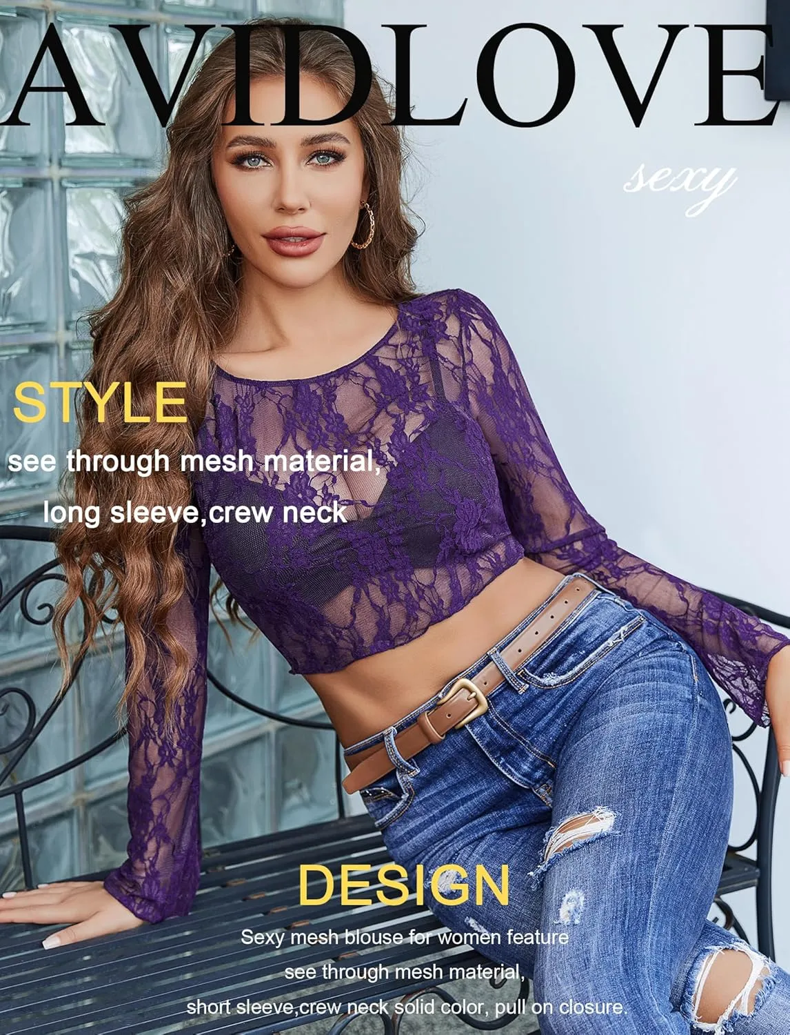 Avidlove Mesh Top Women Long Sleeve Crew Neck Sheer Blouse See Through Floral Lace Tops