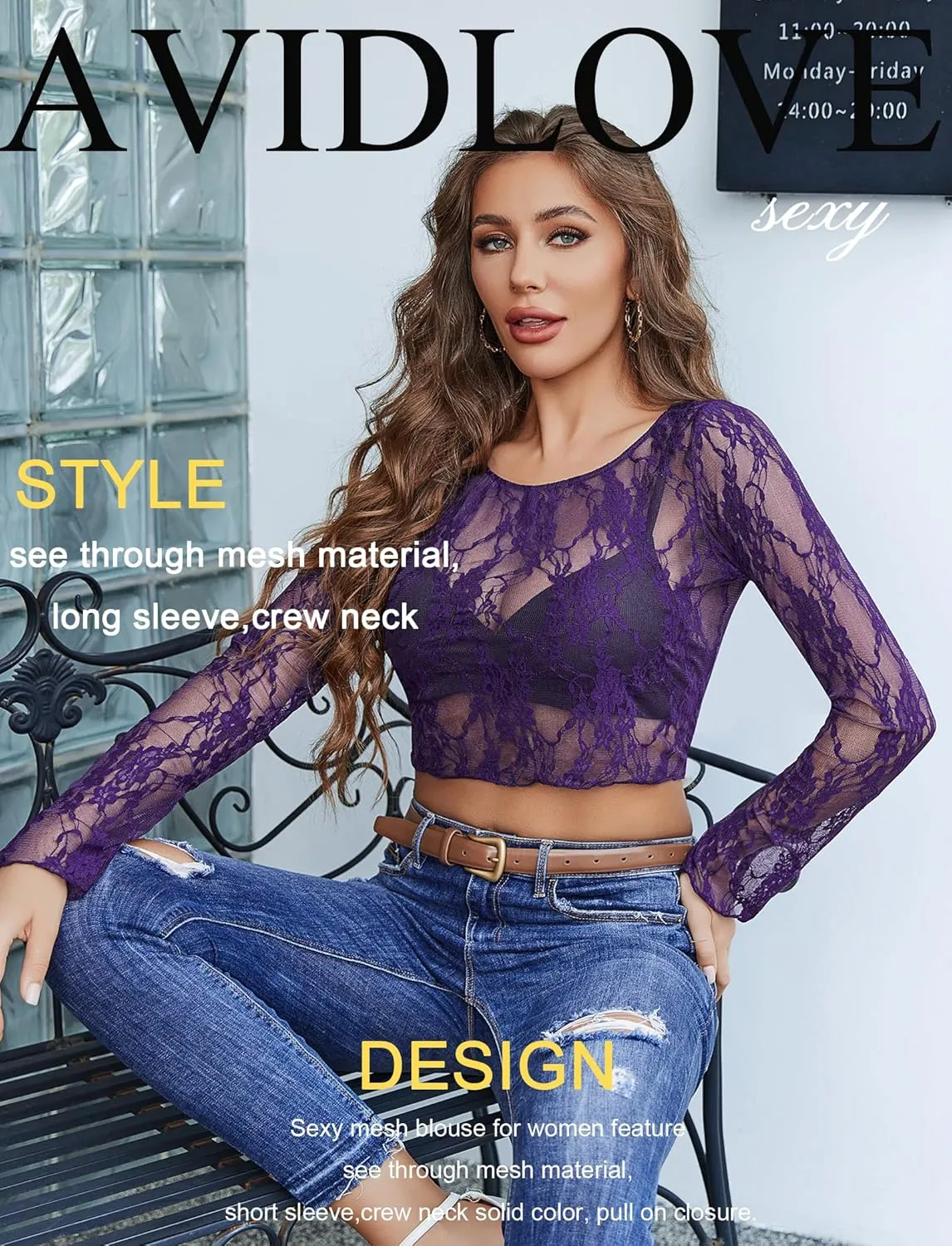 Avidlove Mesh Top Women Long Sleeve Crew Neck Sheer Blouse See Through Floral Lace Tops