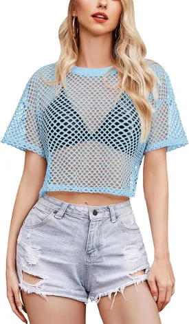 Avidlove Women's Sheer Fishnet Top Sexy Short Sleeves Net T Shirts Crop Top