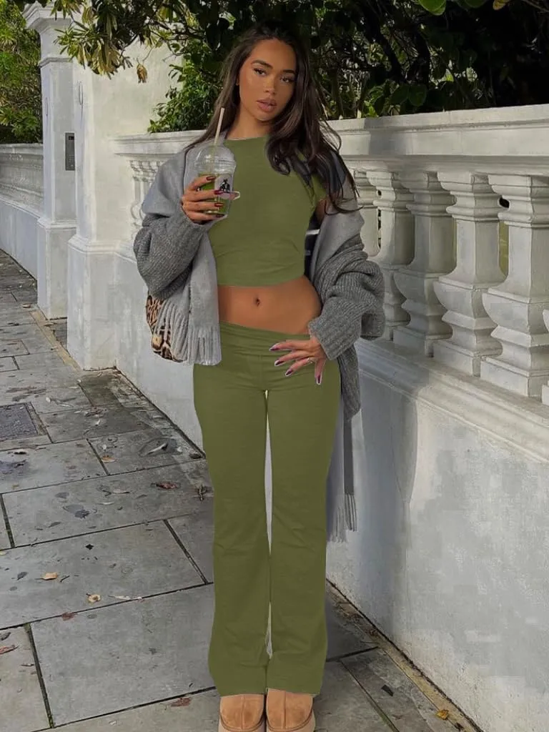 AYWA Women's 2 Piece Lounge Sets Short Sleeve Crop Top Foldover Flare Pants Casual Pajama Outfits