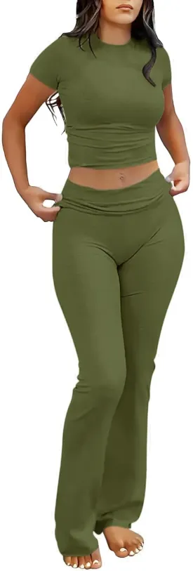 AYWA Women's 2 Piece Lounge Sets Short Sleeve Crop Top Foldover Flare Pants Casual Pajama Outfits