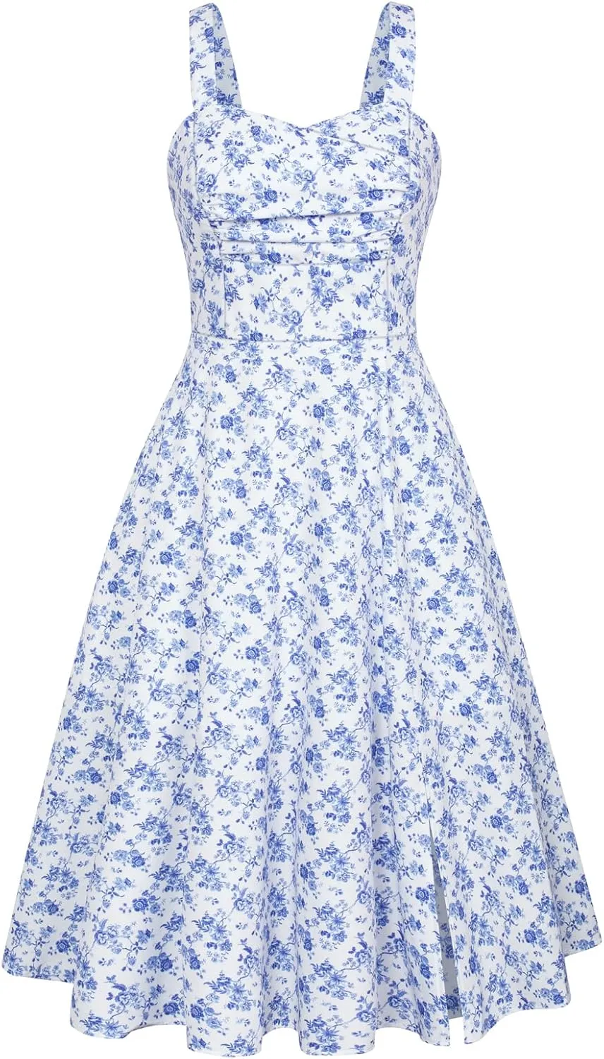 Belle Poque Women's Vintage 1950s Cocktail Dress Sleeveless Spaghetti Strap Ruched Slit A Line Swing Dress with Pockets