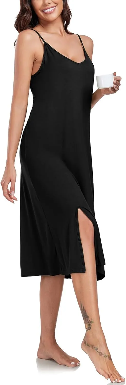 BestWendding Women's Full Slips for Under Dress Spaghetti Straps Cami Slip Dresses Sexy V Neck Split Long Nightgowns