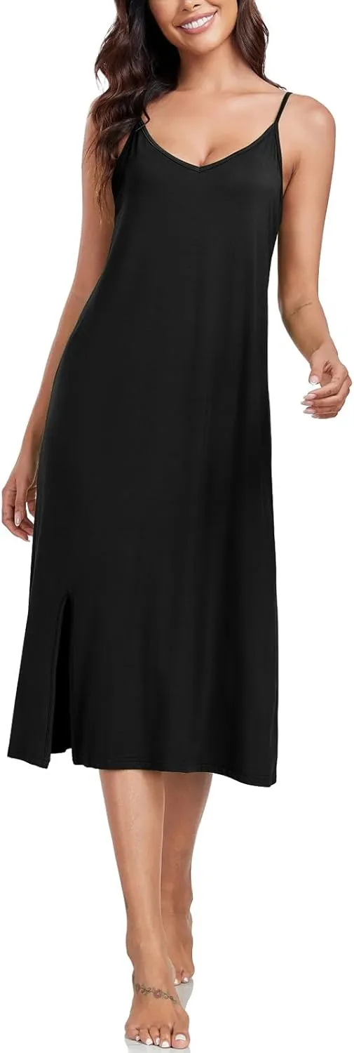 BestWendding Women's Full Slips for Under Dress Spaghetti Straps Cami Slip Dresses Sexy V Neck Split Long Nightgowns