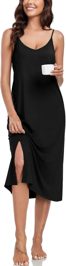 BestWendding Women's Full Slips for Under Dress Spaghetti Straps Cami Slip Dresses Sexy V Neck Split Long Nightgowns