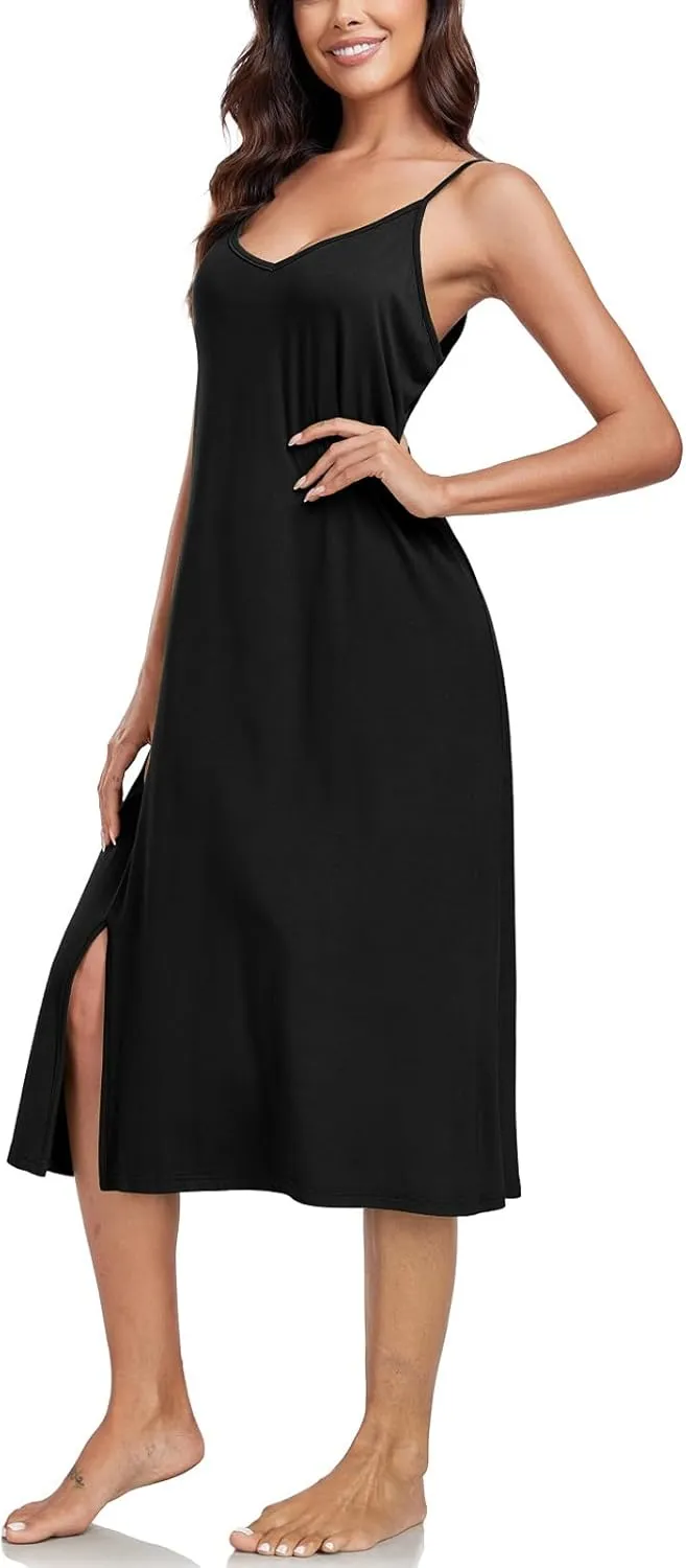 BestWendding Women's Full Slips for Under Dress Spaghetti Straps Cami Slip Dresses Sexy V Neck Split Long Nightgowns