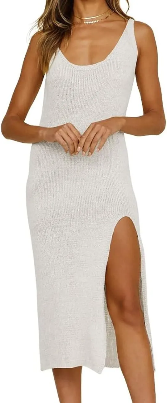 Bsubseach Crochet Swim Cover Up for Women 2025 Knit Sleeveless Swimsuit Coverup Beach Dress Side Slit