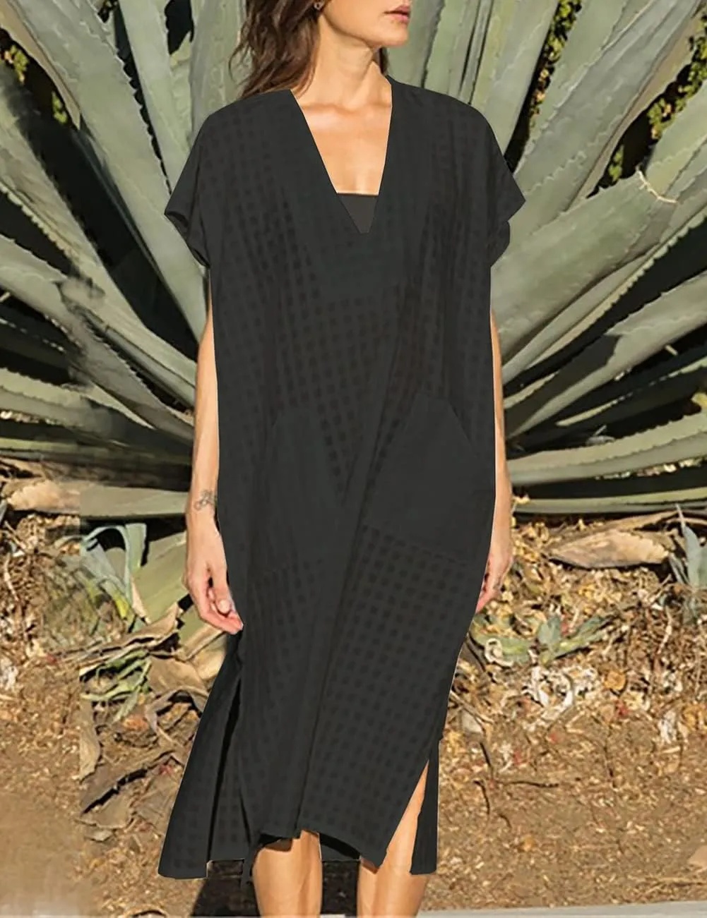 Bsubseach Women Plaid Swimsuit Cover Up V Neck Kaftan Dresses Caftan Maxi Dress