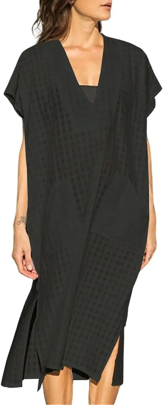 Bsubseach Women Plaid Swimsuit Cover Up V Neck Kaftan Dresses Caftan Maxi Dress