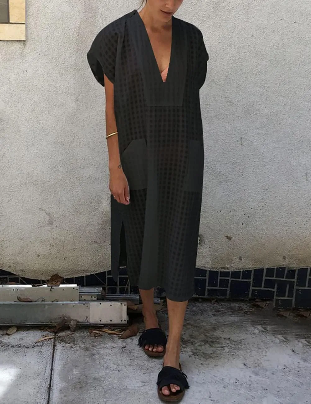 Bsubseach Women Plaid Swimsuit Cover Up V Neck Kaftan Dresses Caftan Maxi Dress