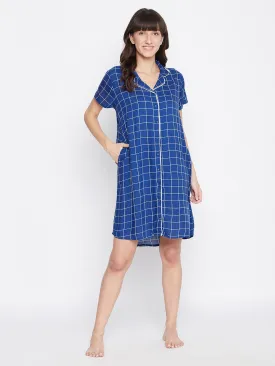Button Me Up Checked Short Night Dress In Blue