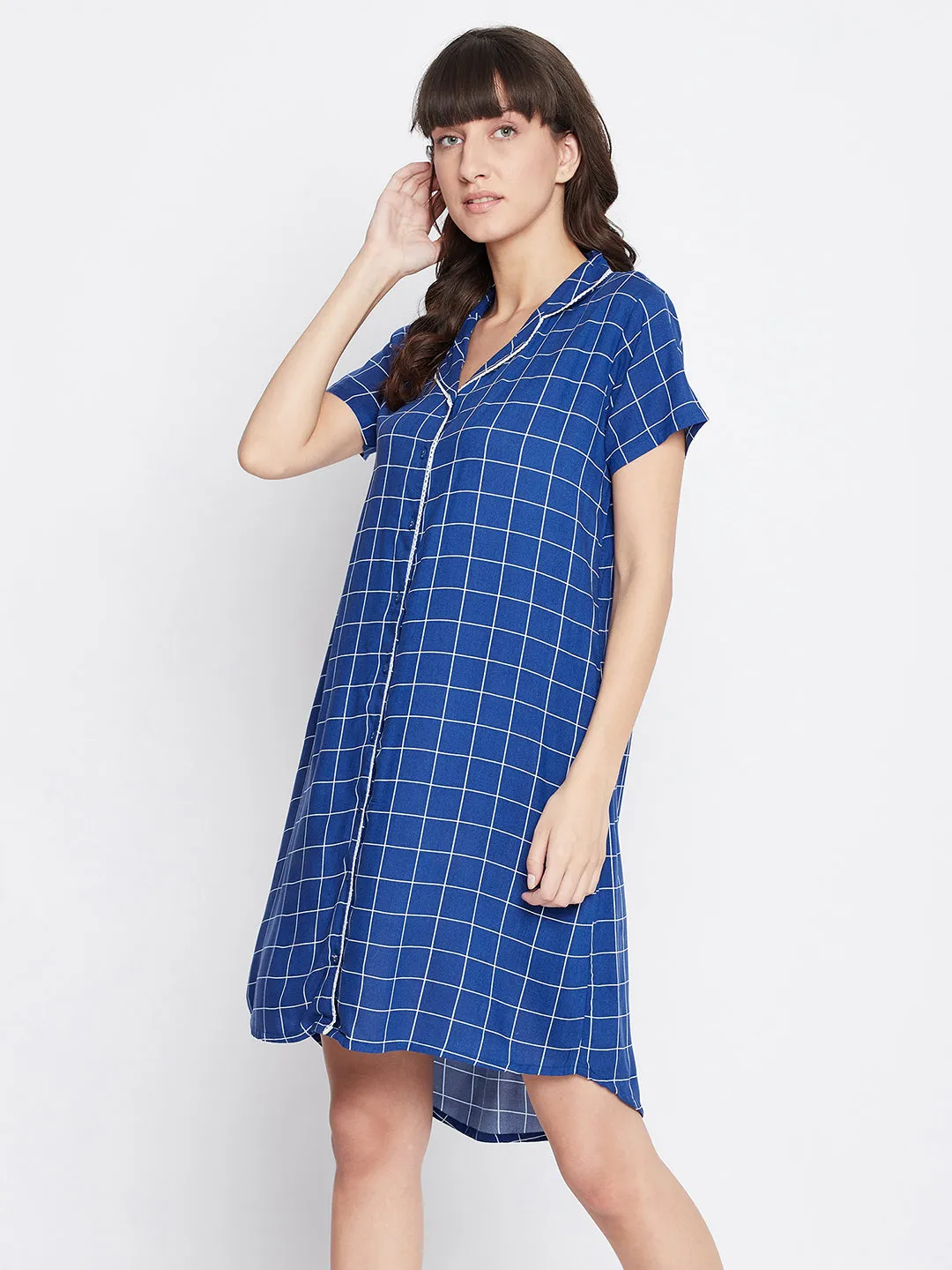 Button Me Up Checked Short Night Dress In Blue