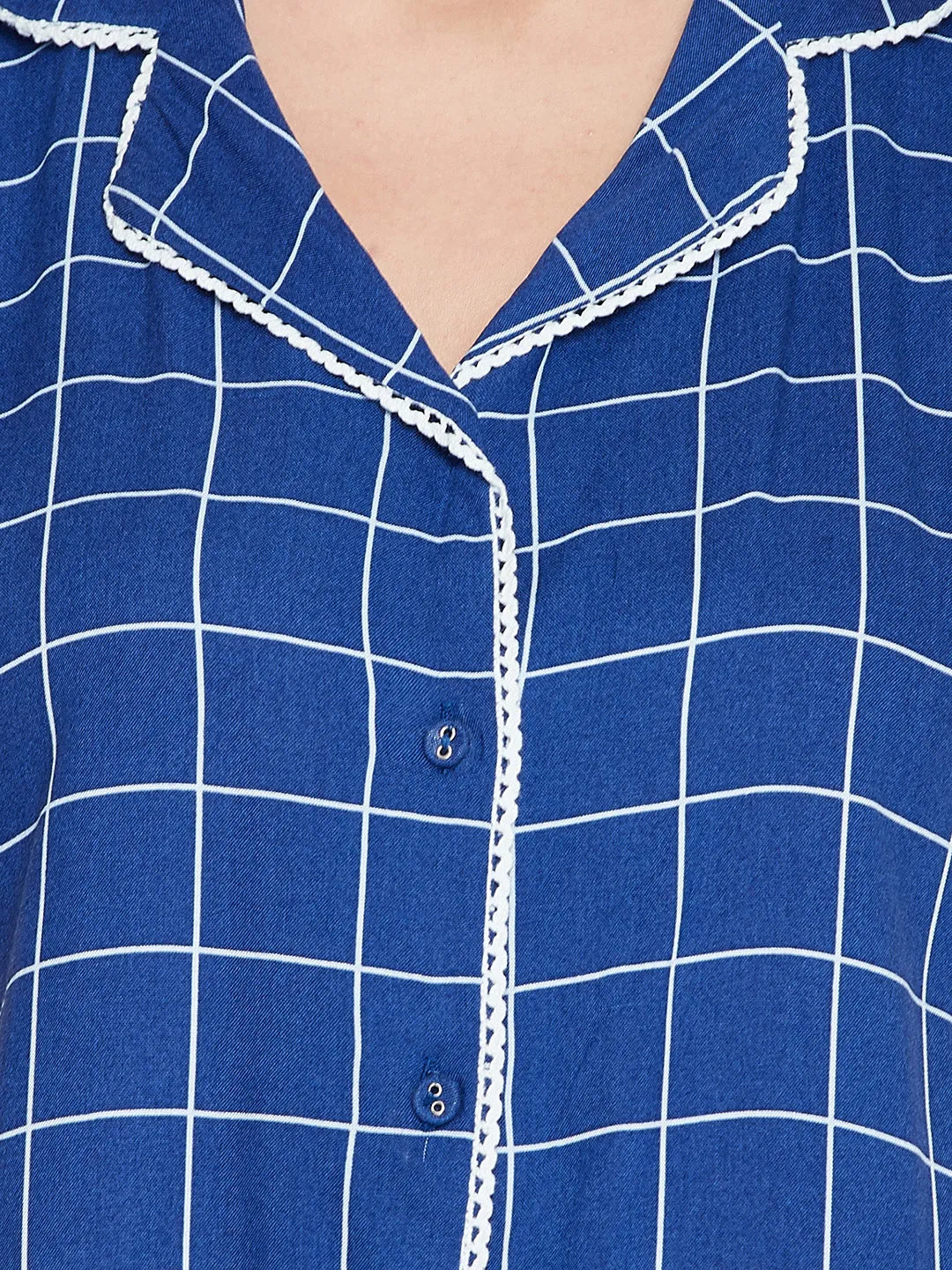 Button Me Up Checked Short Night Dress In Blue