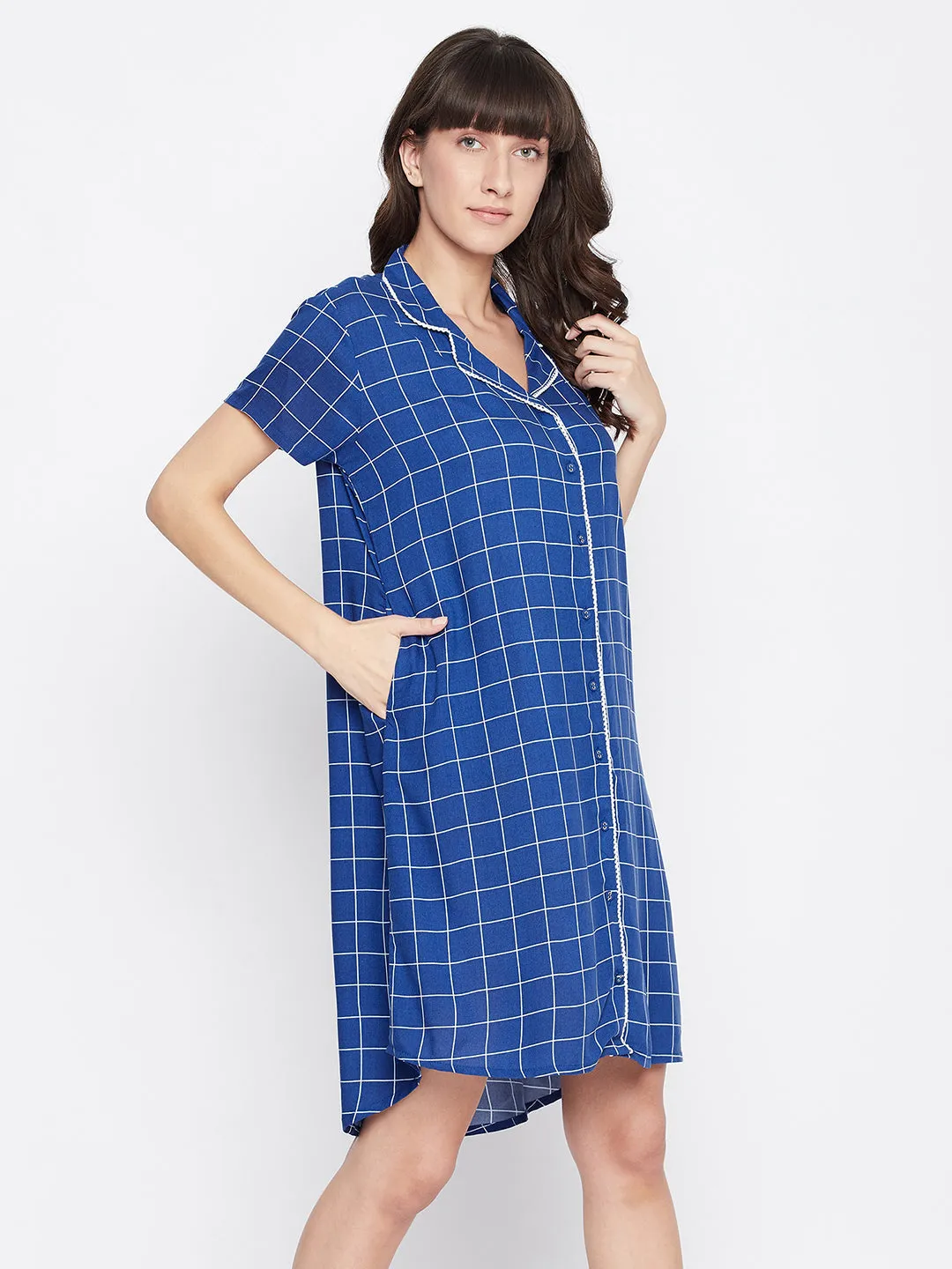 Button Me Up Checked Short Night Dress In Blue