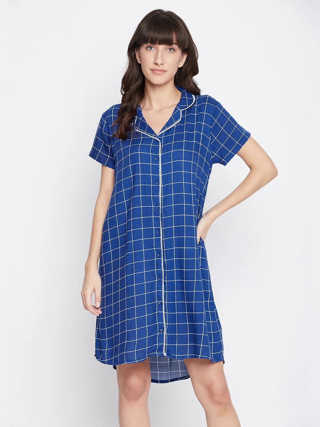 Button Me Up Checked Short Night Dress In Blue