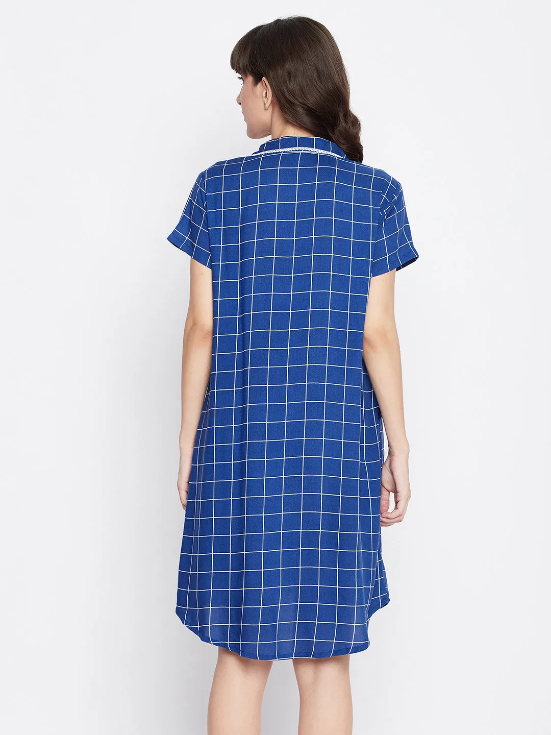 Button Me Up Checked Short Night Dress In Blue