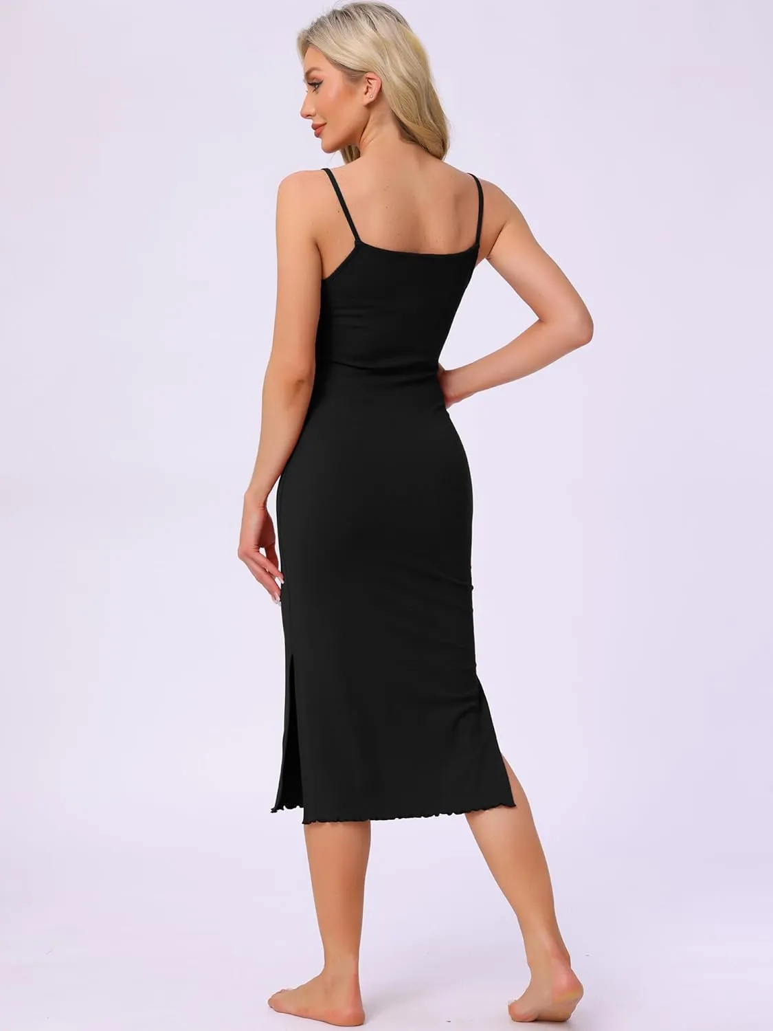 cheibear Womens Summer Sleeveless Nightgowns Bodycon Ribbed Knit Split Slit Spaghetti Strap Midi Lounge Pajama Dress