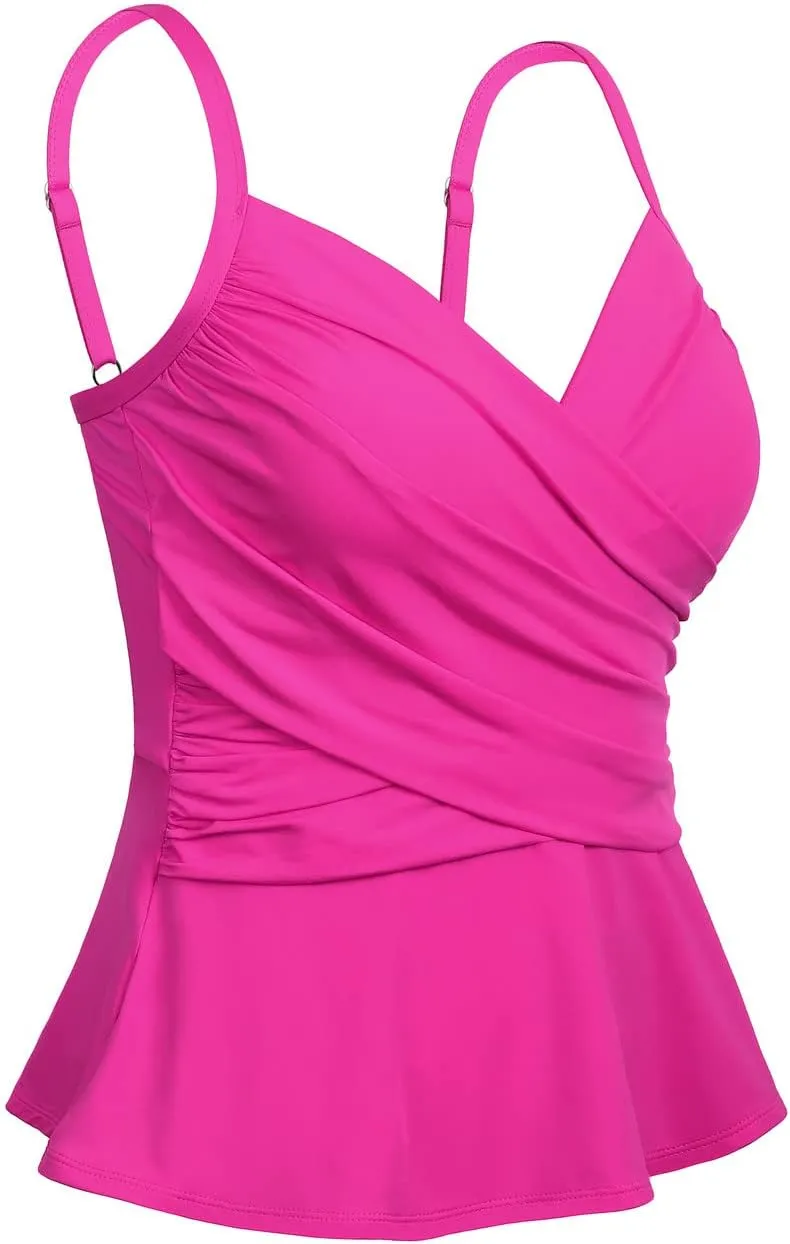 Cindy's aunt Women's Tummy Control Tankini Tops V Neck Swimsuits Ruched Wrap Push Up Bathing Suit Top Only
