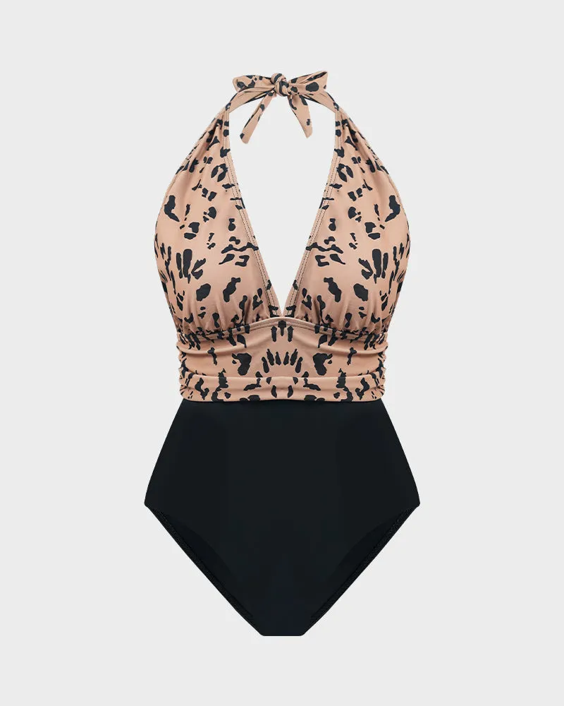 Deep V Halter Neck Leopard Print Swimsuit
