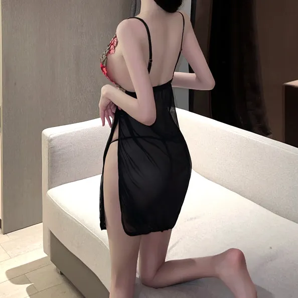 Deep V Low-Cut Rose Open Back Slit Nightdress Set