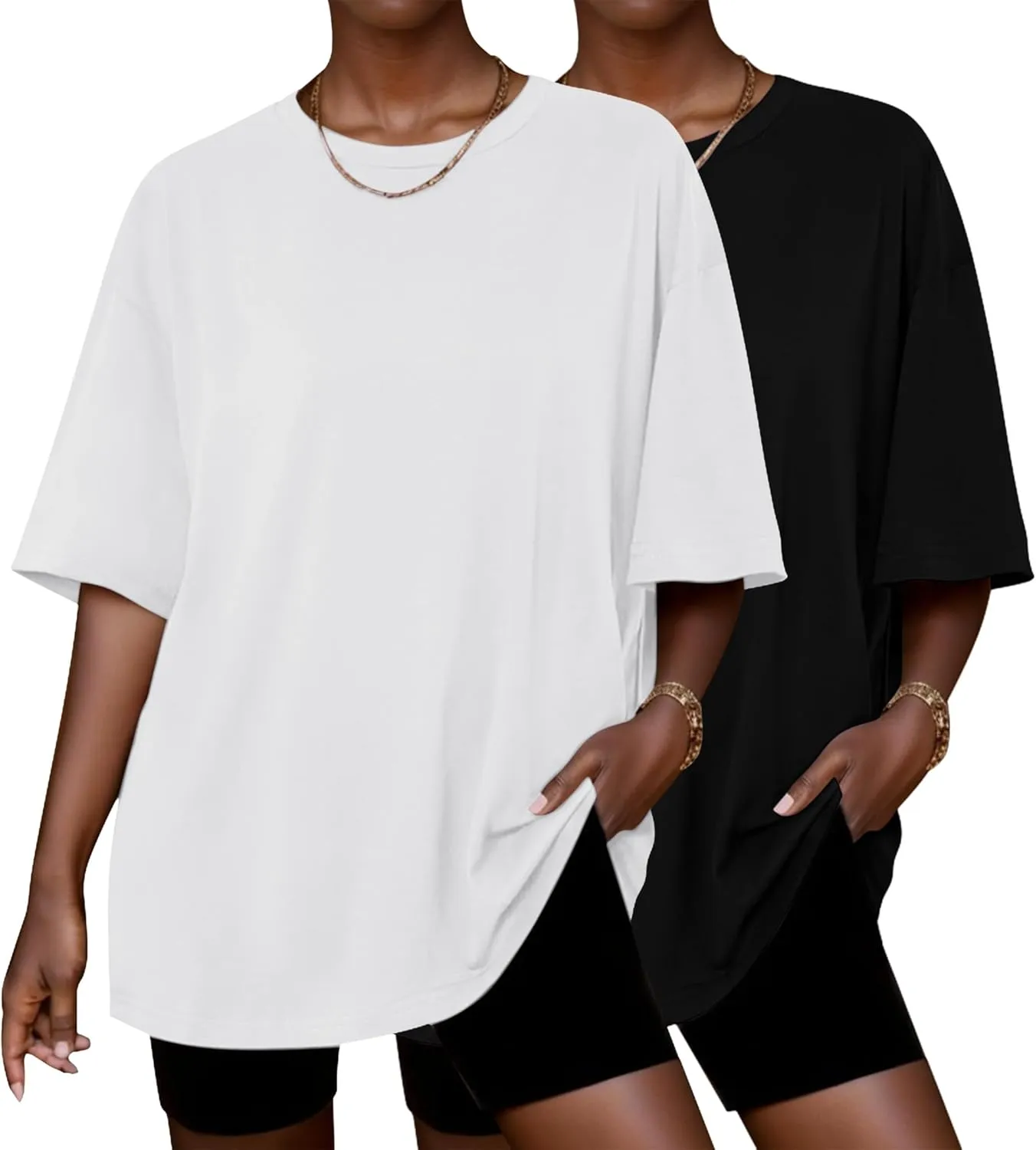 Ekouaer 2 Pack Womens Tops Short Sleeve Oversized T Shirts Summer Spring Tops 2025 Basic Casual Tee Top S-XXL