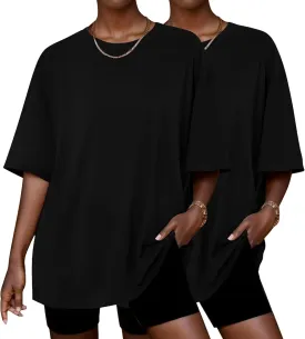 Ekouaer 2 Pack Womens Tops Short Sleeve Oversized T Shirts Summer Spring Tops 2025 Basic Casual Tee Top S-XXL