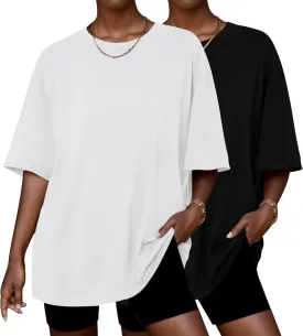 Ekouaer 2 Pack Womens Tops Short Sleeve Oversized T Shirts Summer Spring Tops 2025 Basic Casual Tee Top S-XXL