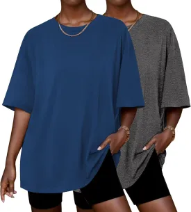 Ekouaer 2 Pack Womens Tops Short Sleeve Oversized T Shirts Summer Spring Tops 2025 Basic Casual Tee Top S-XXL