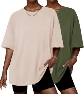 Ekouaer 2 Pack Womens Tops Short Sleeve Oversized T Shirts Summer Spring Tops 2025 Basic Casual Tee Top S-XXL