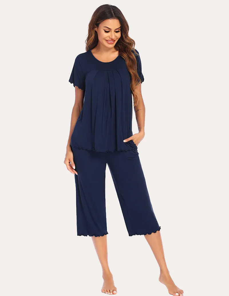 Ekouaer Pleated Front Tops Capri Pants Set (US Only)