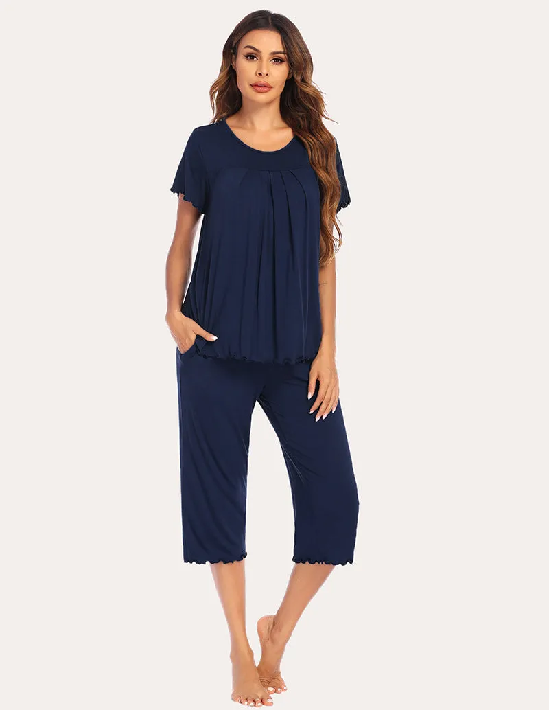 Ekouaer Pleated Front Tops Capri Pants Set (US Only)