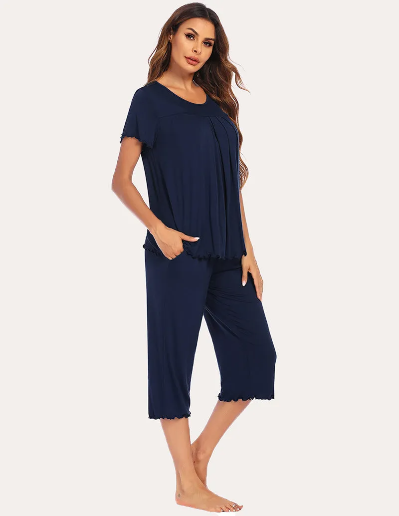 Ekouaer Pleated Front Tops Capri Pants Set (US Only)