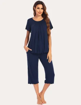 Ekouaer Pleated Front Tops Capri Pants Set (US Only)