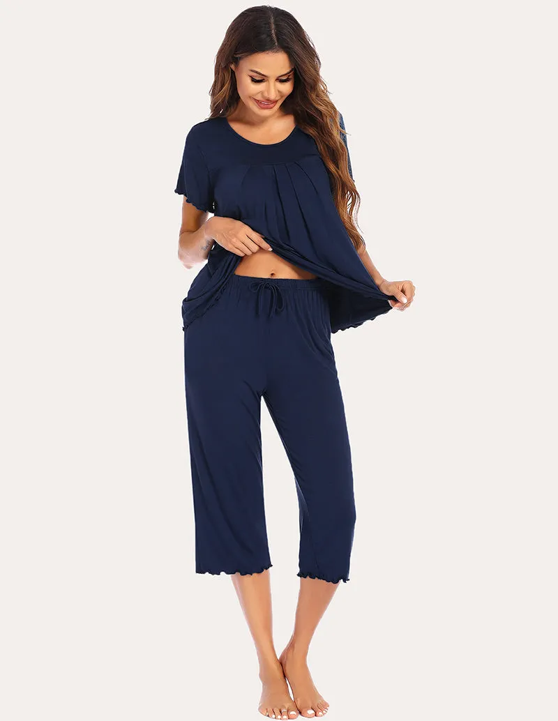 Ekouaer Pleated Front Tops Capri Pants Set (US Only)