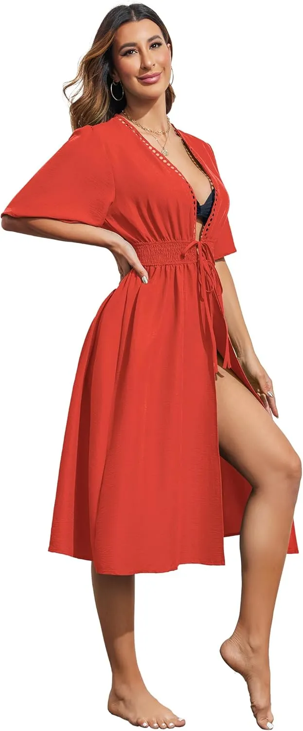 Ekouaer Women's Swimwear Cover Ups Sexy Open Front Beach Bikini Swimsuit Kimono Cardigan Cover Up Long Flowy Beachwear