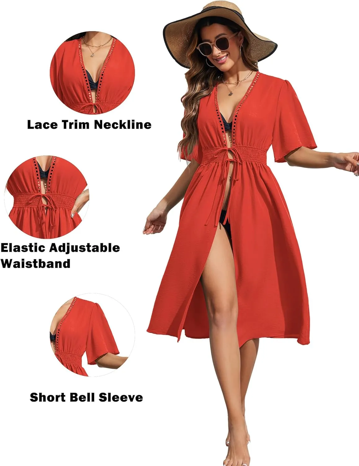 Ekouaer Women's Swimwear Cover Ups Sexy Open Front Beach Bikini Swimsuit Kimono Cardigan Cover Up Long Flowy Beachwear