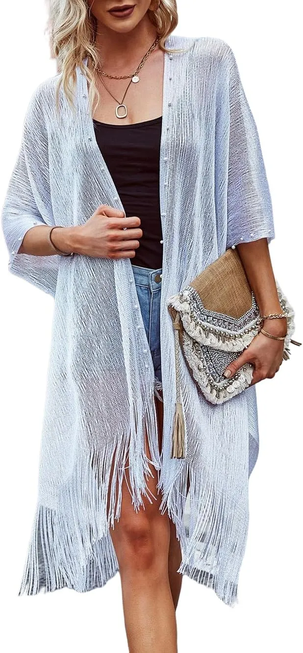 Ferand Women's Pearl Fringe Kimono Cardigan Sheer Loose Swim Cover Up for Beach, Pool, and Vacation