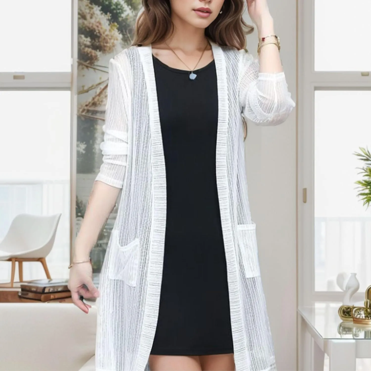 FindThy Womens Long Sleeve Sheer Cardigan Open Front Kimono Summer Cover Up Lace Shrug