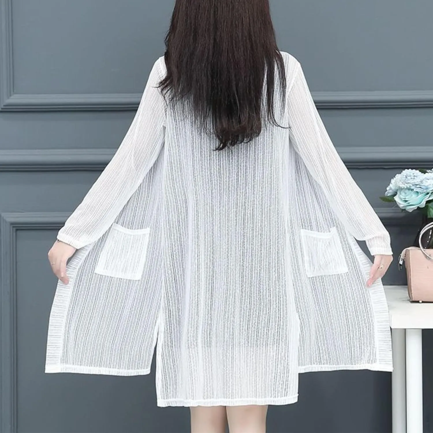 FindThy Womens Long Sleeve Sheer Cardigan Open Front Kimono Summer Cover Up Lace Shrug