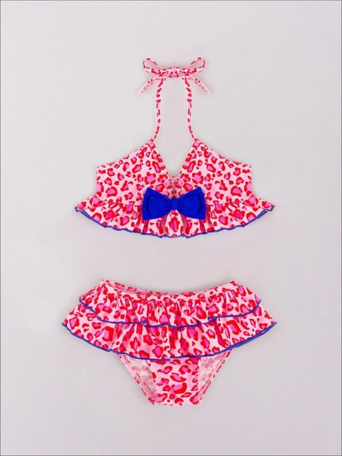 Girls Pink/Blue Animal Print Skirted Bikini with Bow