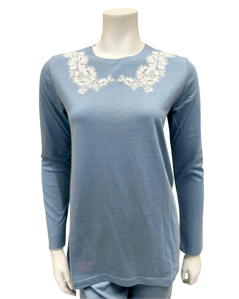 Iora Lingerie Powder Blue Lace Applique Modal Pajamas Set