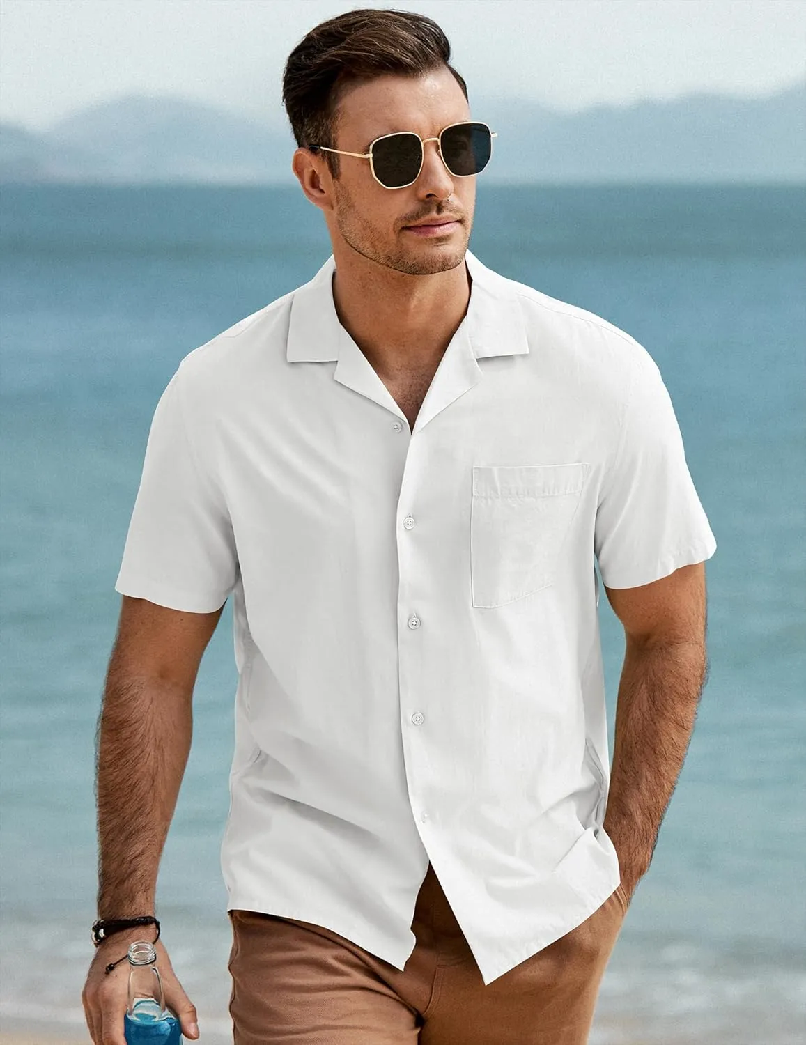 JMIERR Mens Linen Shirts Casual Short Sleeve Button Down Shirts Wrinkle Free Vacation Beach Summer Tops