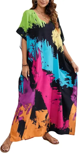 Kaftan Dresses for Women Plus Size Beach Boho Maxi Dress Swimsuit Cover up Batwing Sleeve Print Loungewear