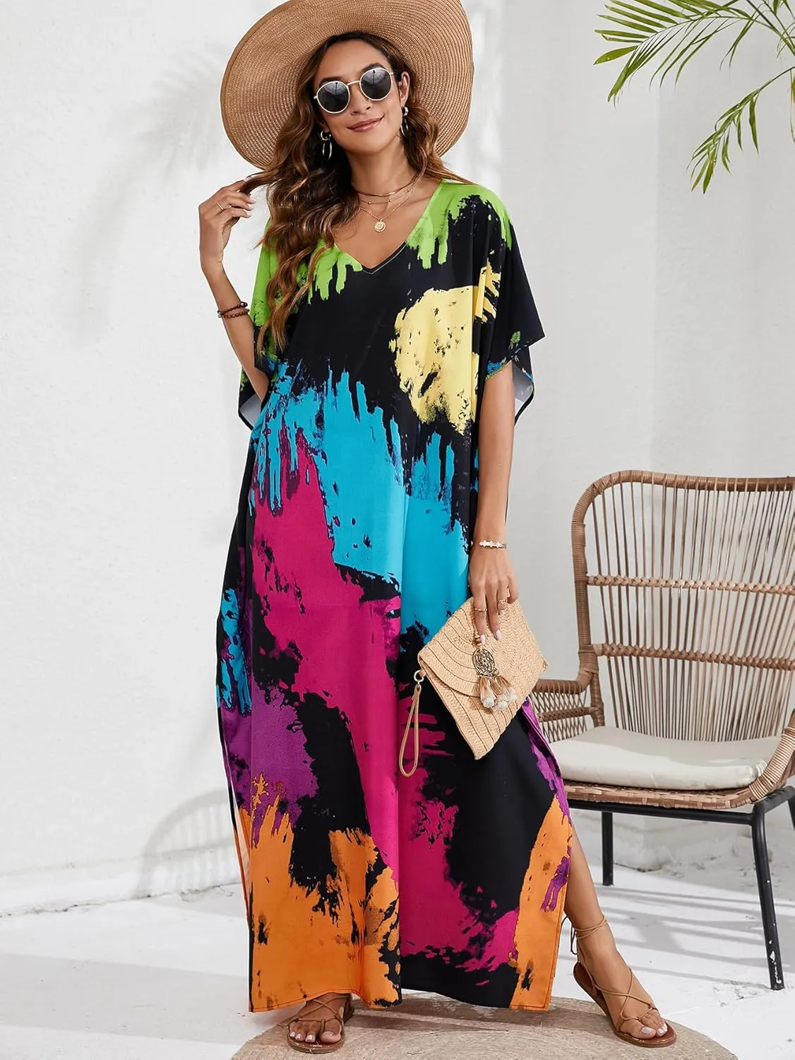 Kaftan Dresses for Women Plus Size Beach Boho Maxi Dress Swimsuit Cover up Batwing Sleeve Print Loungewear