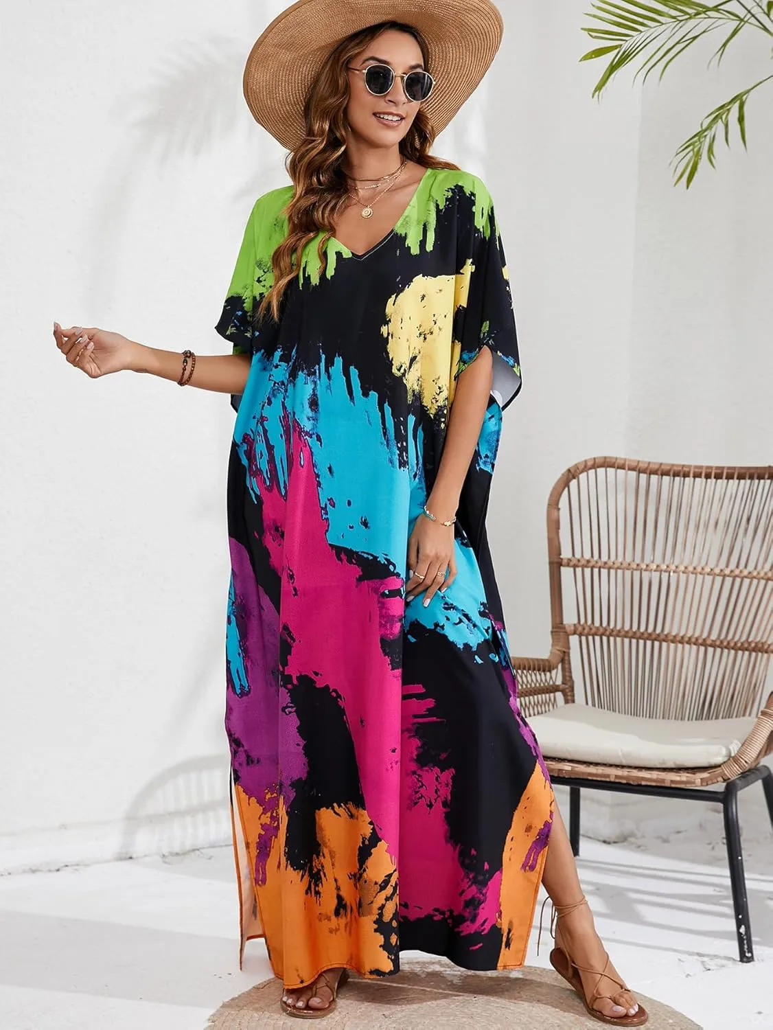 Kaftan Dresses for Women Plus Size Beach Boho Maxi Dress Swimsuit Cover up Batwing Sleeve Print Loungewear